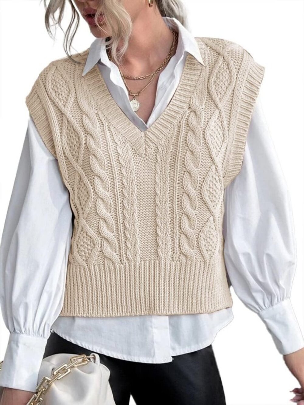 Chic Women's Sleeveless V-Neck Crop Sweater Vest in Sand Beige - Size S